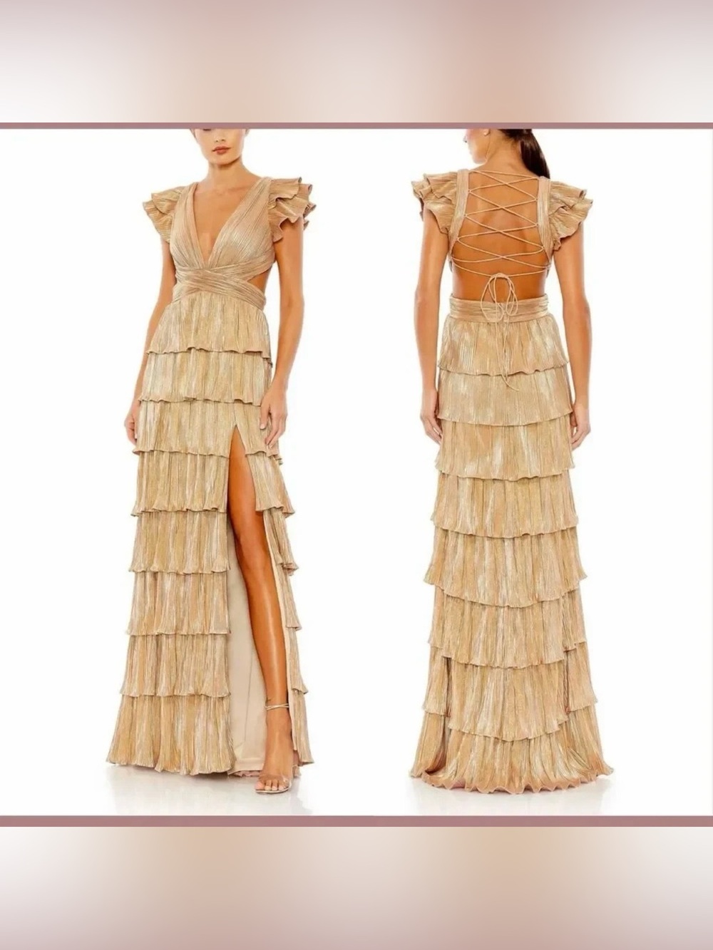 IEENA Mac Duggal Gold Ruffle Tiered Criss Cross Lace Up Gown Sze 6 $398 NWT